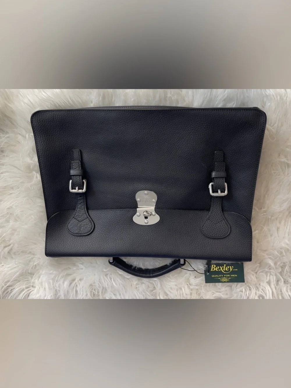 Black Pebble 💯Leather Men's Briefcase with Silver Hardware